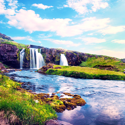 Beautiful natural magical scenery with a waterfall Kirkjufell and yellow flowersat dawn in Iceland. Exotic countries. Amazing places. Popular tourist atraction. (Meditation, antistress - concept).