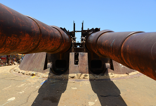 Tourist site. Battery de Castillitos in Spain Cartagena, Cabo Tinoso. Military cannon for coast defense, naval gun batteries. Guns of Mazarron.