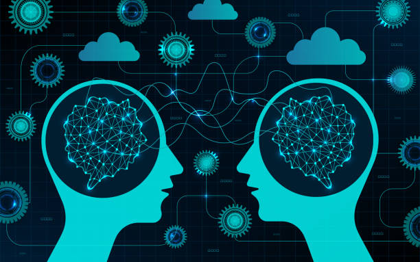 Two Heads with brain and connected with brain waves surrounded with gears and lot of different measuring elements Two Heads with brain and connected with brain waves surrounded with gears and lot of different measuring elements two heads are better than one stock illustrations