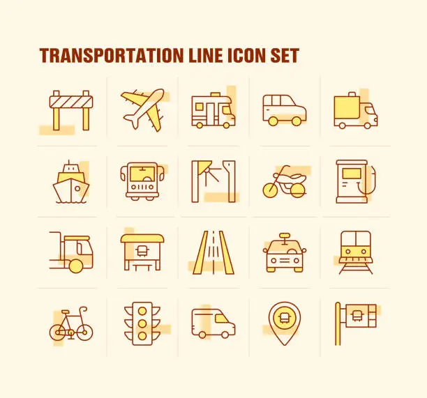 Vector illustration of Transportation, Taxi, Airplane, Traffic Lights, Truck, Roadwork Icons