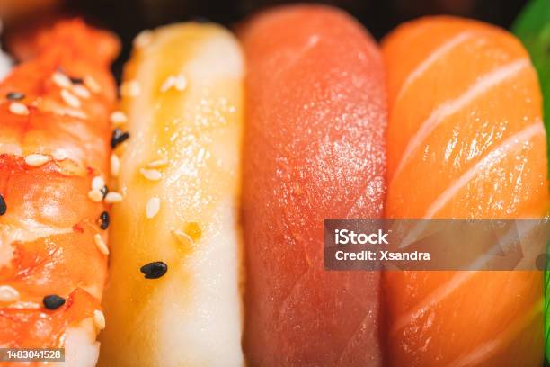 Nigiri Sushi Close Up In A Take Away Box Stock Photo - Download Image Now - Freshness, Sushi, Appetizer