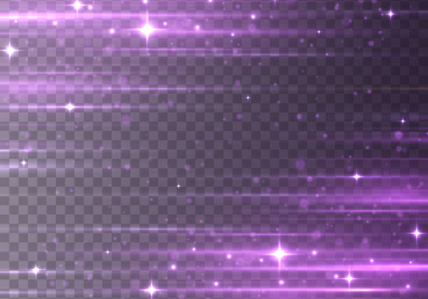 Laser sparkle beams, glowing violet speed rays. Purple soft horizontal neon lines. Set of abstract lens flares. Flash purple line motion. Laser sparkle beams, glowing violet speed rays, dust sparks light effect. Luminous sparkling lined. Vector disco lights stock illustrations