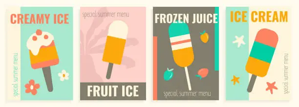 Vector illustration of Collection of four summer posters with ice cream, advertising cafe and restaurant graphic posters in a flat style.