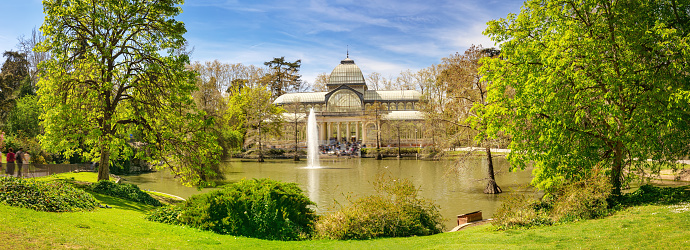 Panoramic view of the Palacio de Cristal in Marid, Spain. Famous historical place.