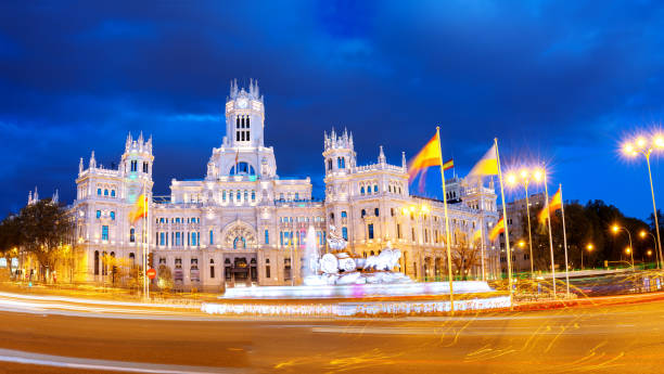 istock Night view on the square with Cybele Palace in Marid, Spain. 1483043755