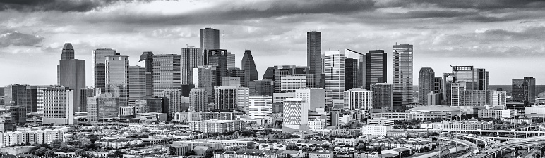 Late afternoon skyline of beautiful Houston, Texas in early spring shot from an altitude of about 600 feet during a helicopter photo flight.