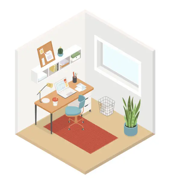 Vector illustration of Home office room - modern vector colorful isometric illustration