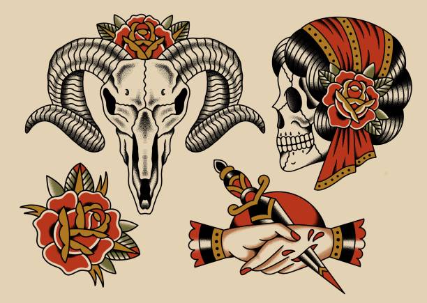 illustrazioni stock, clip art, cartoni animati e icone di tendenza di old school tattoo flash foglio tema scuro - goat skull