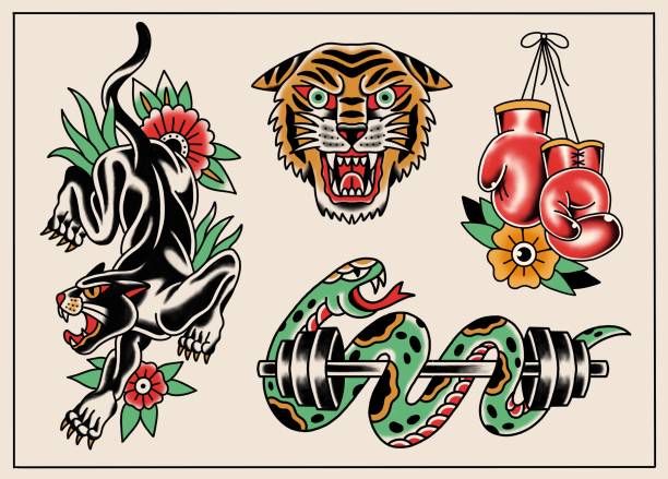 old school tattoo flash sheet tema kuat - tato kegiatan ilustrasi stok