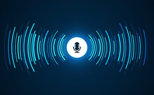 Podcast concept. Microphone with voice recording wave. Future technology