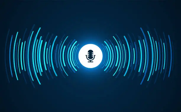 Vector illustration of Podcast concept. Microphone with voice recording wave. Future technology