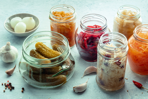 Fermented food. Homemade vegetable preserves. Sauerkraut, pickles, kimchi etc in glass jars. Canning for winter. Healthy probiotic diet