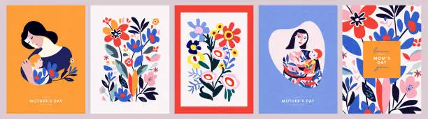 Vector illustration of Mothers Day card set. Trendy posters or covers with flowers, abstract floral patterns and mother with child illustration in mid century modern art style. Spring summer bright abstract templates