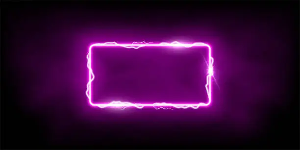 Vector illustration of Magic purple rectangle of thunder storm pink lightnings. Magic and bright light effects electric border. Plasma frame with thunderbolt electricity lightning power effect on dark fog background