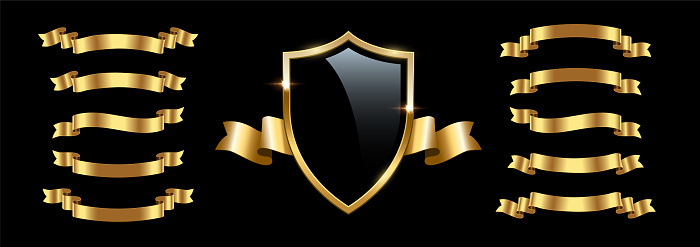 Black shield with glass light effect and gold ribbons set of different shapes vector illustration. 3d realistic glossy empty security emblem with golden frame on border, shiny insignia or prize
