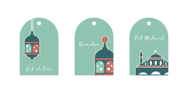 Vector illustration of Ramadan Kareem. Set of Islamic gift tags with lanterns and muslim mosque. Vector holiday illustration in green colors.