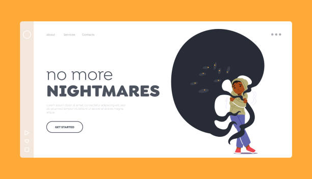 Nightmires Fear Landing Page Template. Child Character Terrified Of Someone Lurking In The Dark, Suspenseful Image Nightmires Fear Landing Page Template. Child Character Terrified Of Someone Lurking In The Dark, Moody And Suspenseful Image For Horror Or Thriller Content. Cartoon People Vector Illustration suspenseful stock illustrations