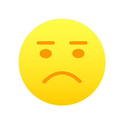 Yellow emoji face with upset emotion, droopy mouth corners, dejected look, glumness mimicry. Unhappy, sad, depressed emotion. Emoticon icon isolated on white background. Vector illustration