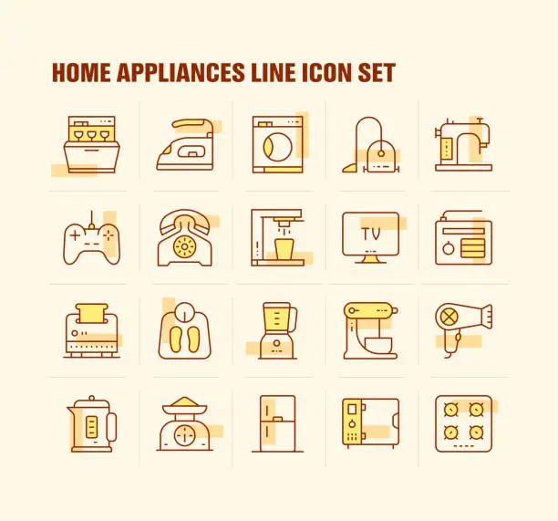 Vector illustration of Home Appliances, Kettle, Oven, Dishwasher, Iron, Sewing Machine Icons