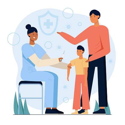 Vaccination of children. Injectable protection against epidemic disease. Nurse vaccinates boy in the presence of his father. Injection with syringe into muscles of hand. Colored vector characters