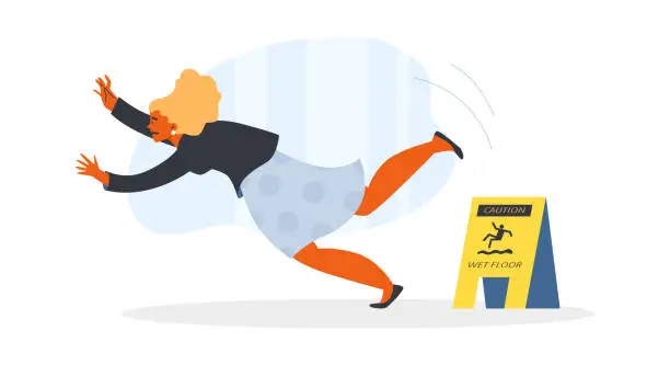 Vector illustration of Frightened woman falling down in front of wet floor caution sign, flat vector illustration isolated on white background.