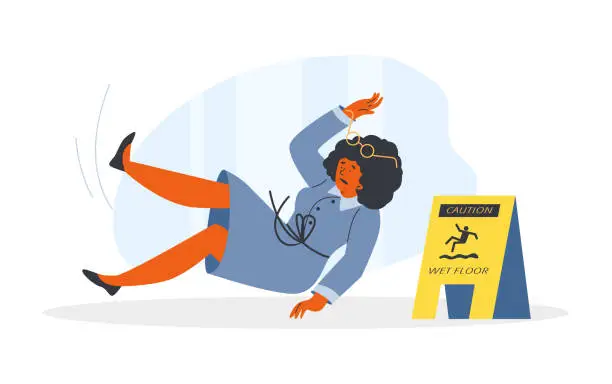 Vector illustration of Falling curly woman, yellow triangular wet floor sign flat style