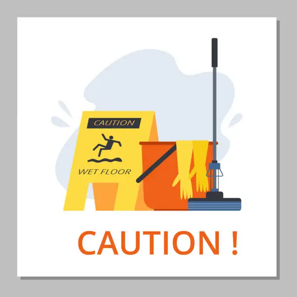 Vector illustration of Wet floor caution yellow sign, janitor equipment - bucket and mop, flat vector illustration.