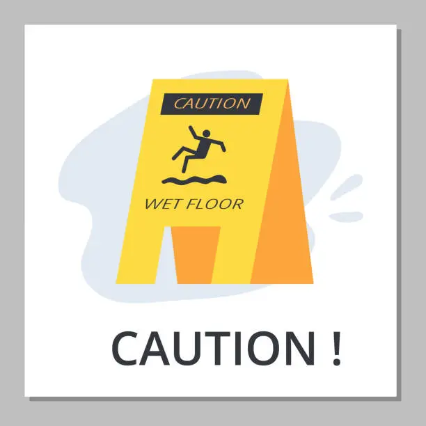 Vector illustration of Squared banner with yellow triangular caution sign about wet floor flat style