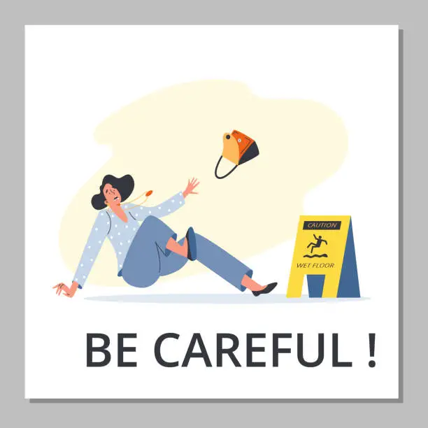 Vector illustration of Woman falling down in front of wet floor caution sign, poster template - flat vector illustration.