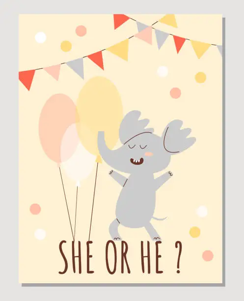 Vector illustration of Poster or vertical banner with funny elephant for baby shower party flat style