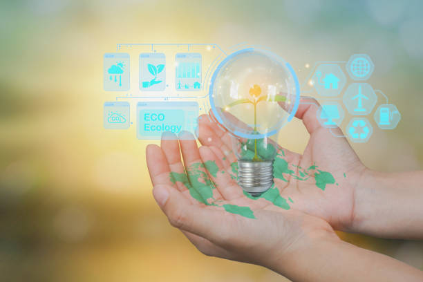 Investment in renewable energy, sustainable and clean tech. Energy-saving lamp, including a small tree growing in an energy-saving lamp on hand. Energy-saving and environmental concepts on Earth Day. inversión en energías renovables, tecnología sostenible y limpia. lámpara de bajo consumo, incluyendo un pequeño árbol que crece en una lámpara de bajo consumo a mano. conceptos medioambientales y de ahorro energético en el día de la tierra.