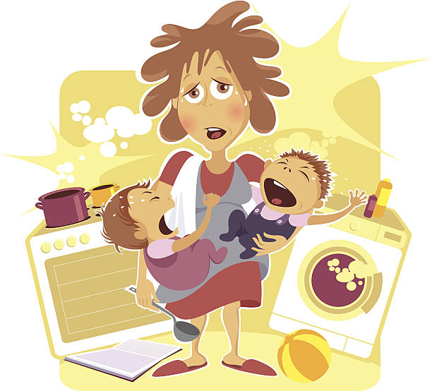 illustrazioni stock, clip art, cartoni animati e icone di tendenza di esausta madre. - mother emotional stress exhaustion cooking