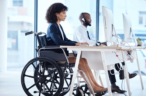 Call center, computer consulting and wheelchair woman telemarketing on contact us CRM or e commerce telecom. Customer service, disability and information technology consultant on online communication