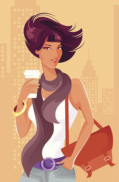 Woman with coffee cup. Woman with coffee cup in urban scenery. Eps and hi-res jpg. tousled stock illustrations