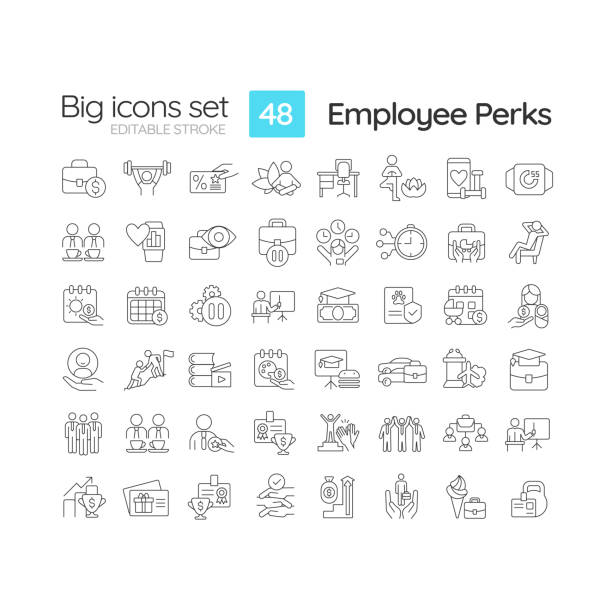 ilustraciones, imágenes clip art, dibujos animados e iconos de stock de conjunto de iconos lineales de beneficios para empleados - evento de beneficencia