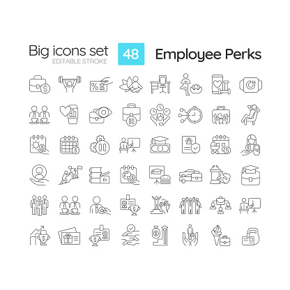 Employee perks linear icons set. Incentive program. Work environment. Increase productivity. Reward system. Customizable thin line symbols. Isolated vector outline illustrations. Editable stroke