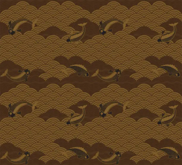 Vector illustration of Japanese waves with goldfish on a gold and brown background.