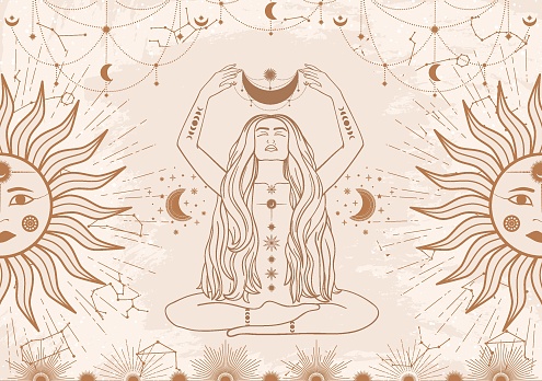 Hand drawn card of beige mystical woman with Sun, Moon, star in line art. Constellation celestial space. Spiritual abstract symbol, esoteric talisman. Magic space galaxy, vector sketch illustration