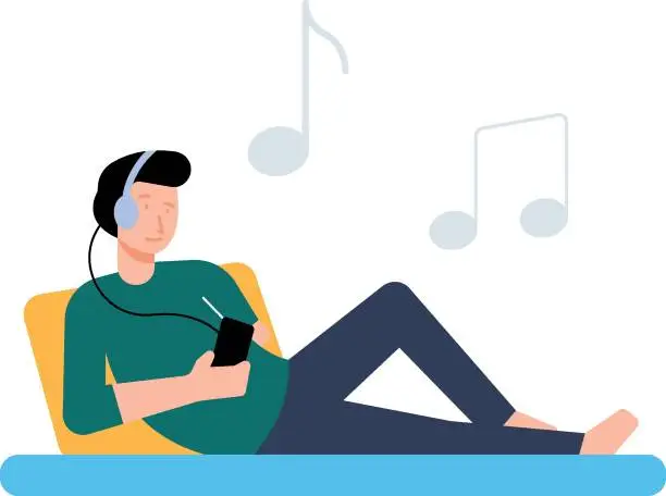 Vector illustration of Boy wearing headphones listening to music.