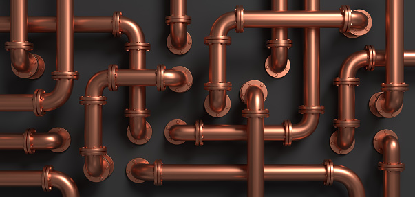 Copper pipe maze on a black wall. Steampunk style background. 3D rendered image
