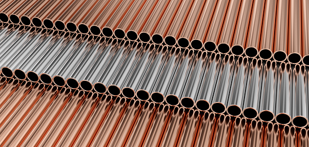 Stack of metal steel and copper round profiles. Industrial background with pipes. 3D rendered image
