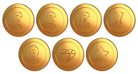 Golden coins with currencies symbols. Elements for currency exchange design. 3D rendered image