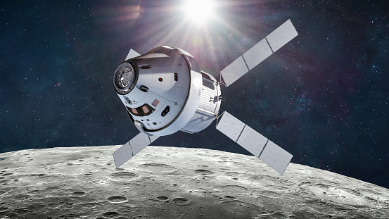 Orion spacecraft landing on Moon surface. Spaceship of Artemis mission with astronauts near Moon. Exploration of our satellite. Return on Moon. Elements of this image furnished by NASA (url:https://images-assets.nasa.gov/image/PIA00405/PIA00405~small.jpg https://www.nasa.gov/sites/default/files/styles/full_width_feature/public/thumbnails/image/nasa_orion_spacecraft.png)