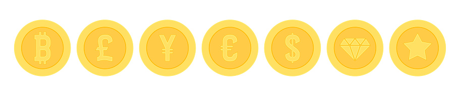 Golden coins with currencies symbols. Vector icons for currency exchange design