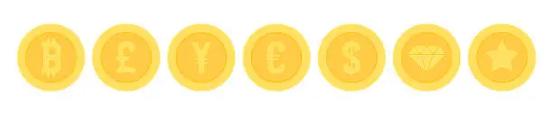 Vector illustration of Golden coins with currencies symbols. Vector icons for currency exchange design