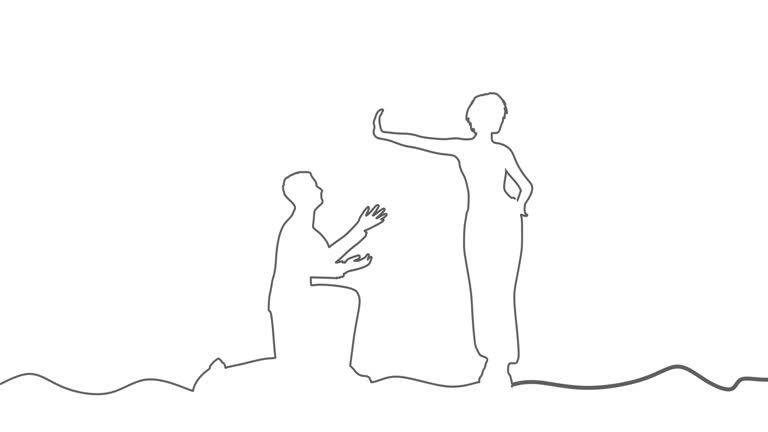 Silhouette of man in prayer pose. Man asking woman to marry or forgive him. A young woman holding her hand in front to show stop gesture. Continuous one line drawing