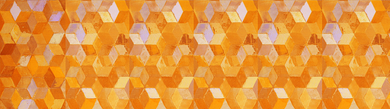 Abstract old yellow orange vintage geometric shabby mosaic motif porcelain stoneware tiles stone concrete cement wall wallpaper texture background banner panorama, with square cubes 3D print