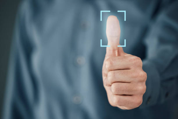 istock Safety, password and fingerprint biometric with businessman for future, data and security mockup. Technology, innovation and digital transformation with employee and scan hologram for identification 1483060472