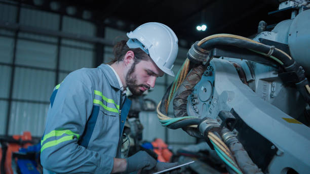 istock Professional industrial engineer, technician, factory worker wear hard hat safety. While set up, control machine heavy industry factory. Employee working in manufacturing facility 1483064970