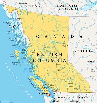 British Columbia, BC, province of Canada, political map. Situated on the Pacific Ocean, bordered by Alberta, the Northwest Territories, Yukon, and the US states Alaska, Idaho, Montana and Washington.
